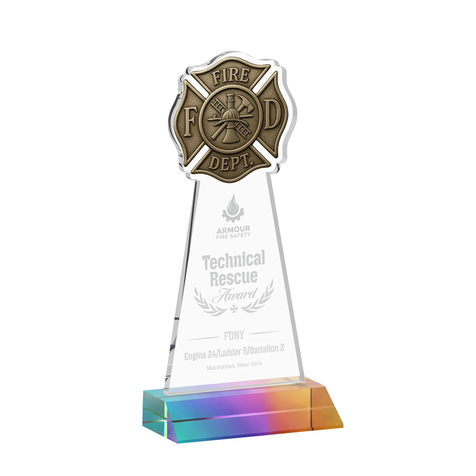 Personalized Starfire Crystal Fire Department Award on Front-Mitered Base for volunteer appreciation