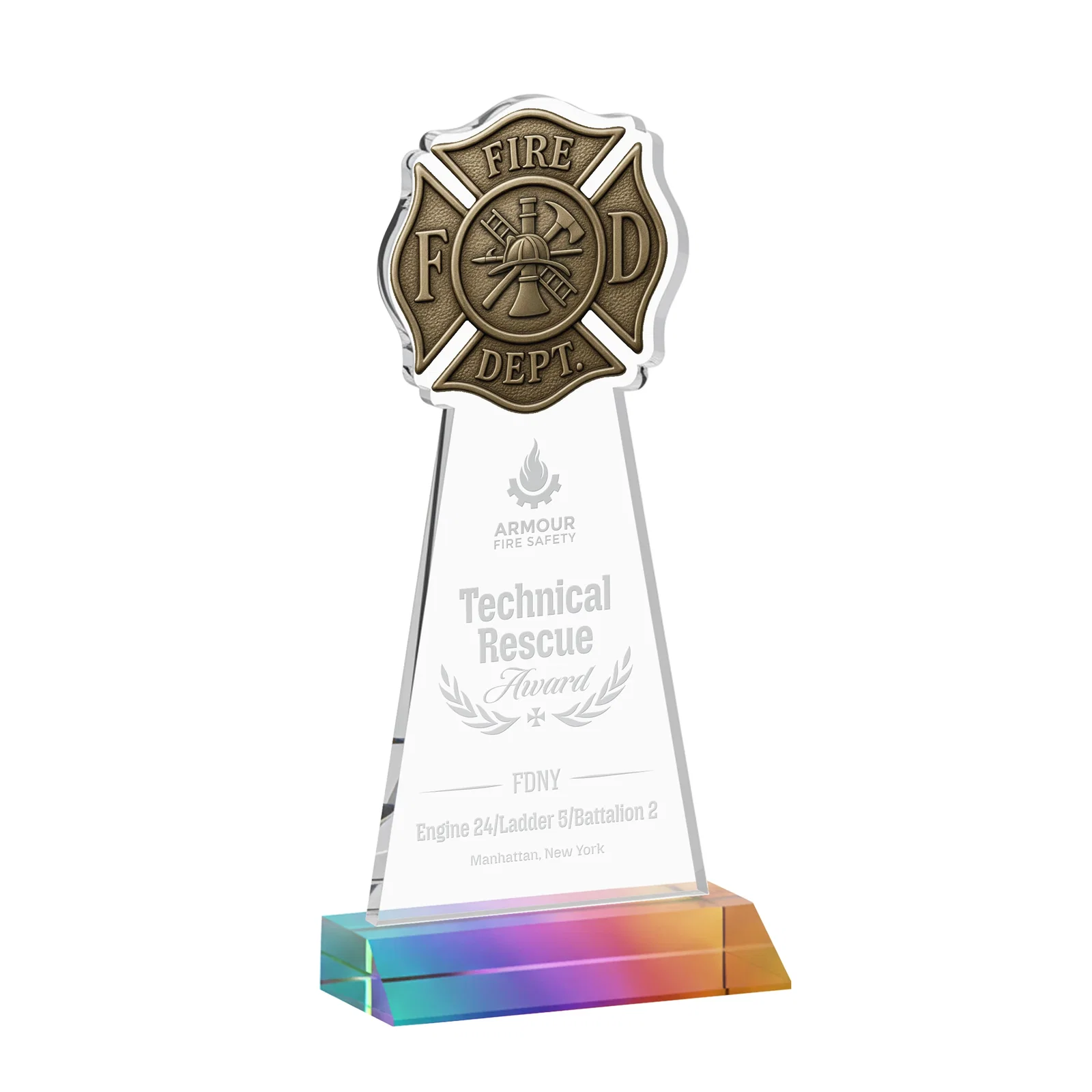 Personalized Starfire Crystal Fire Department Award on Front-Mitered Base for dealer and partner awards