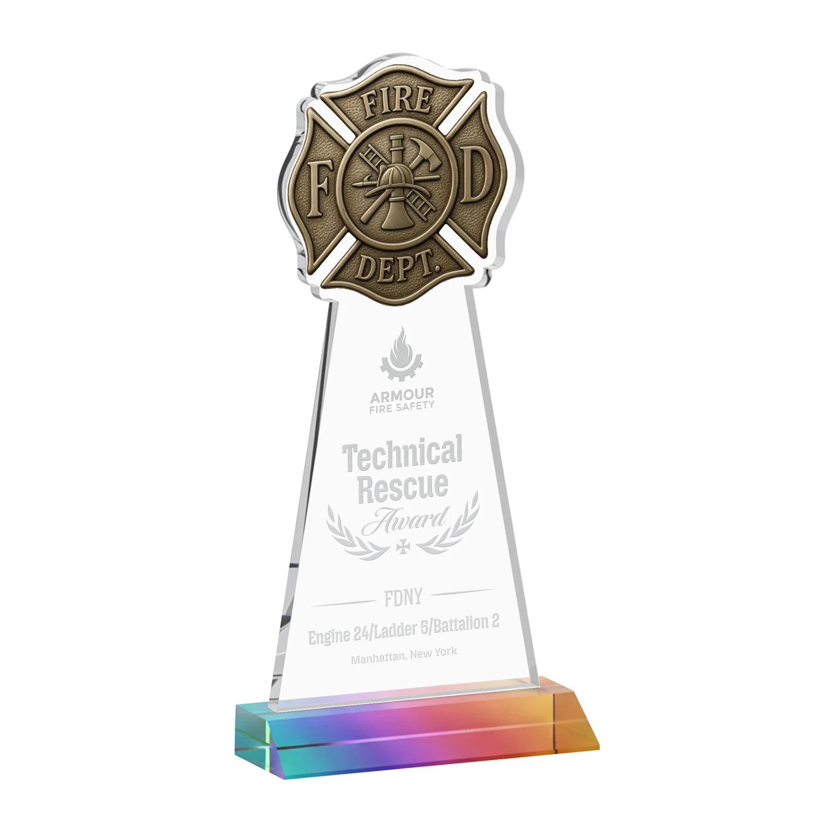 Personalized Starfire Crystal Fire Department Award on Front-Mitered Base for company anniversary events