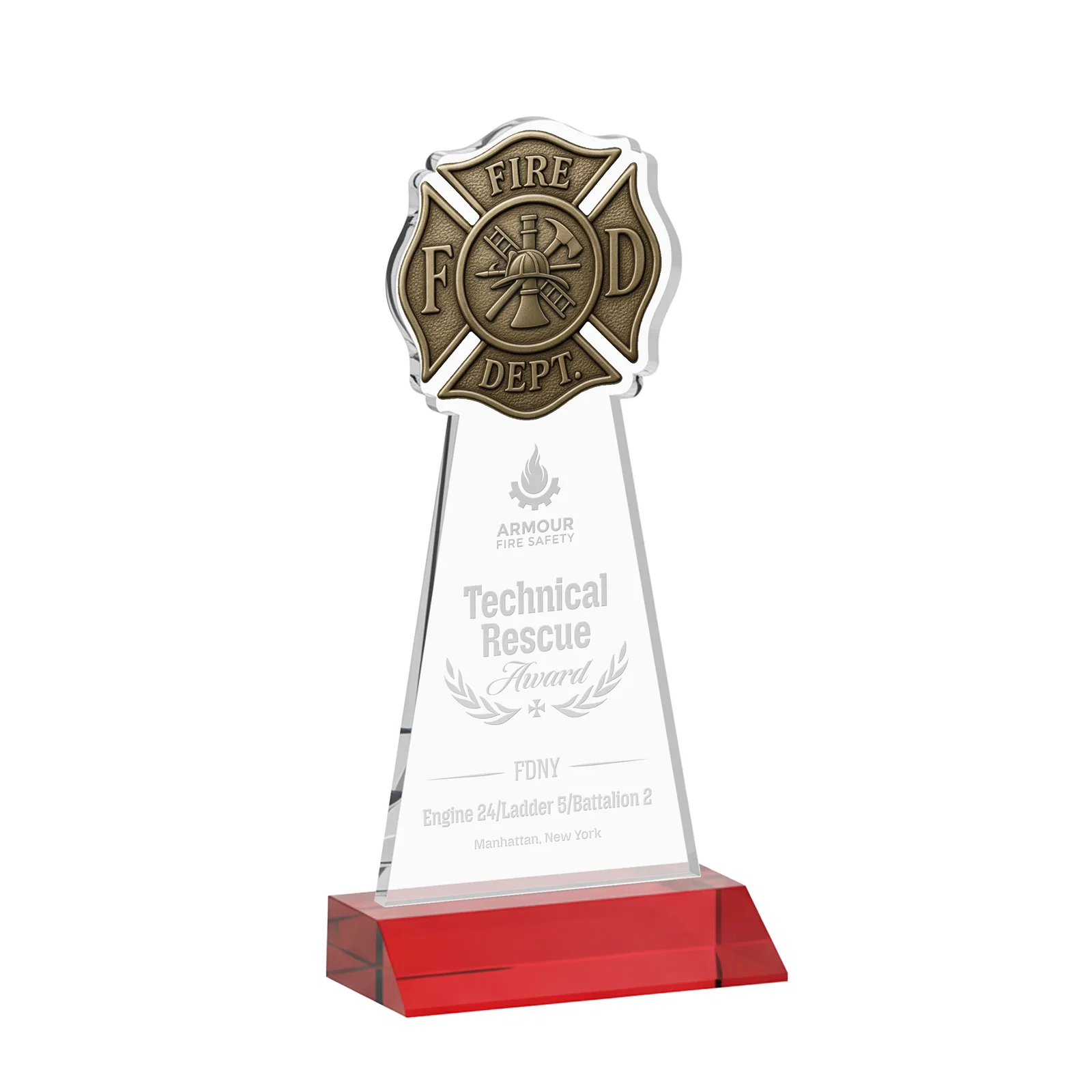 Promotional Starfire Crystal Fire Department Award on Front-Mitered Base for corporate award ceremonies
