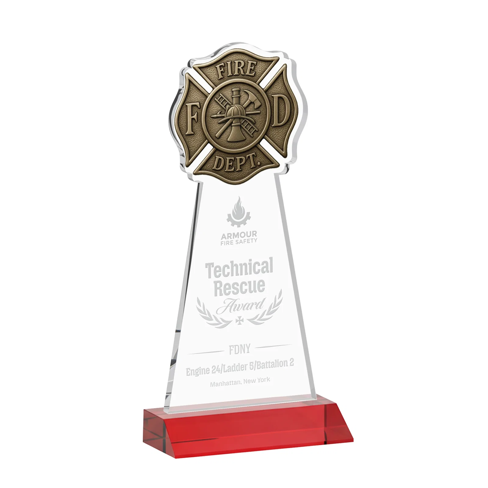 Promotional Starfire Crystal Fire Department Award on Front-Mitered Base for service anniversary gifts