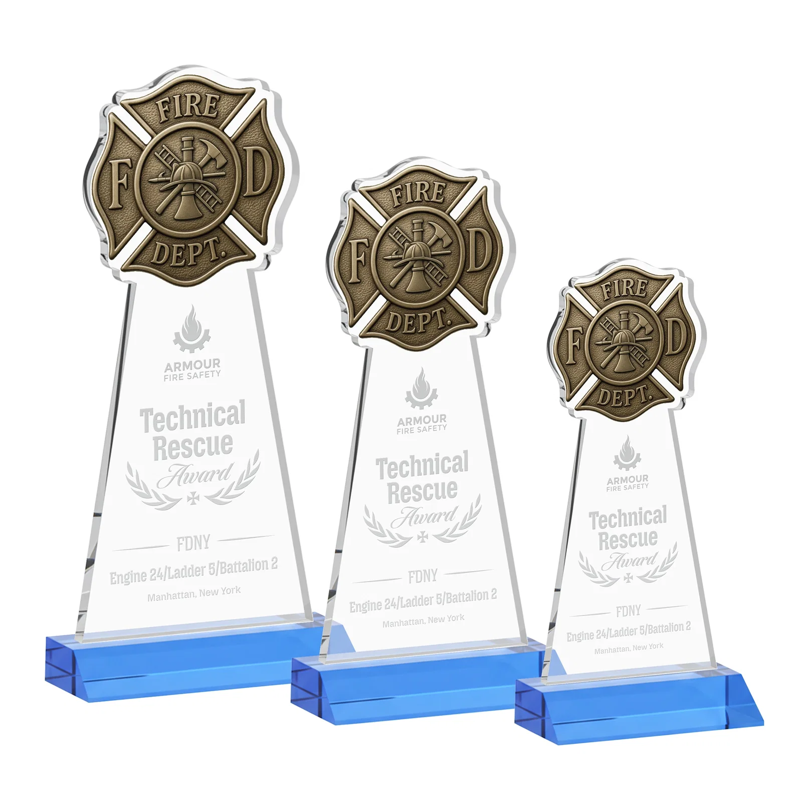 Promotional Starfire Crystal Fire Department Award on Front-Mitered Base for retirement presentations