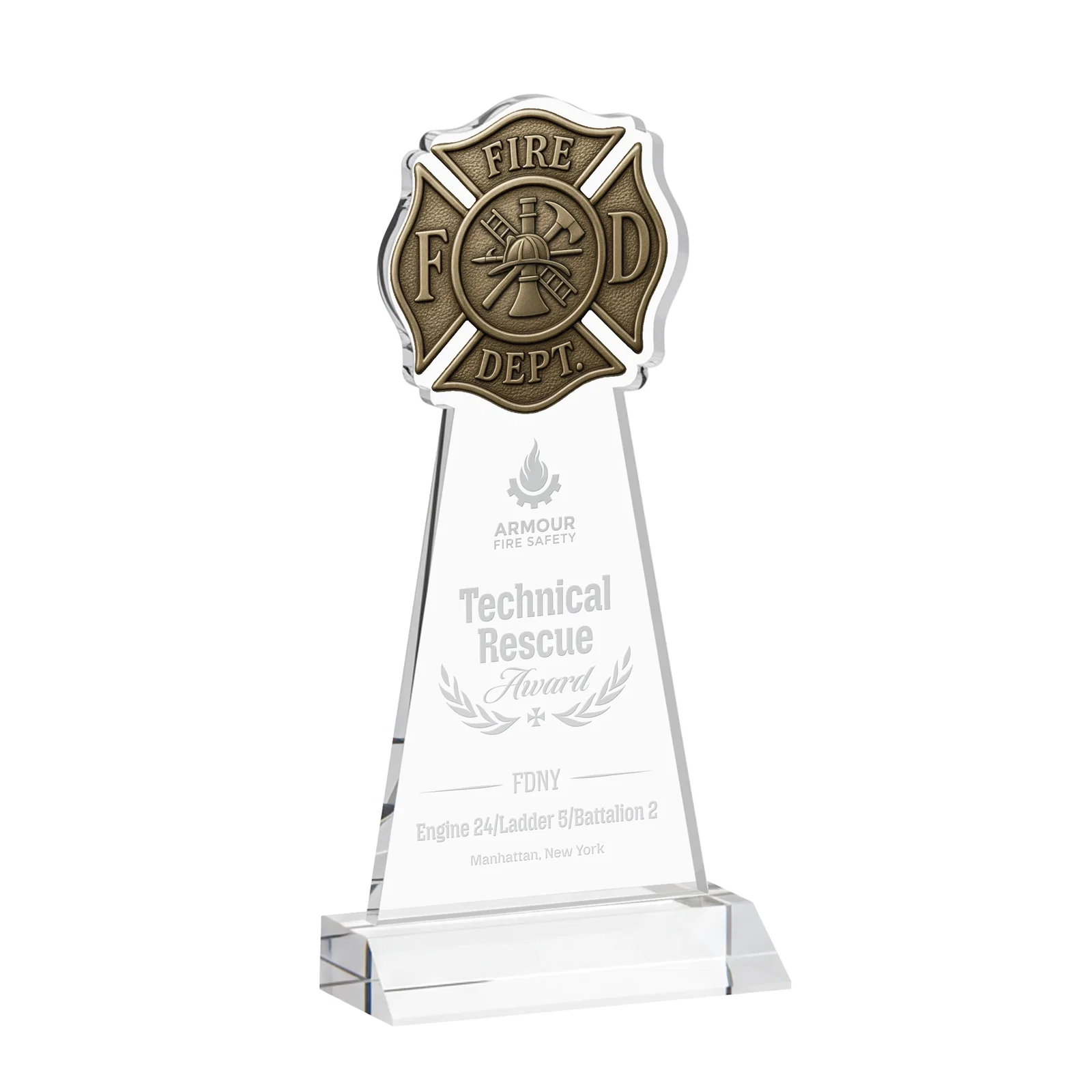 Custom Starfire Crystal Fire Department Award on Front-Mitered Base for service anniversary gifts