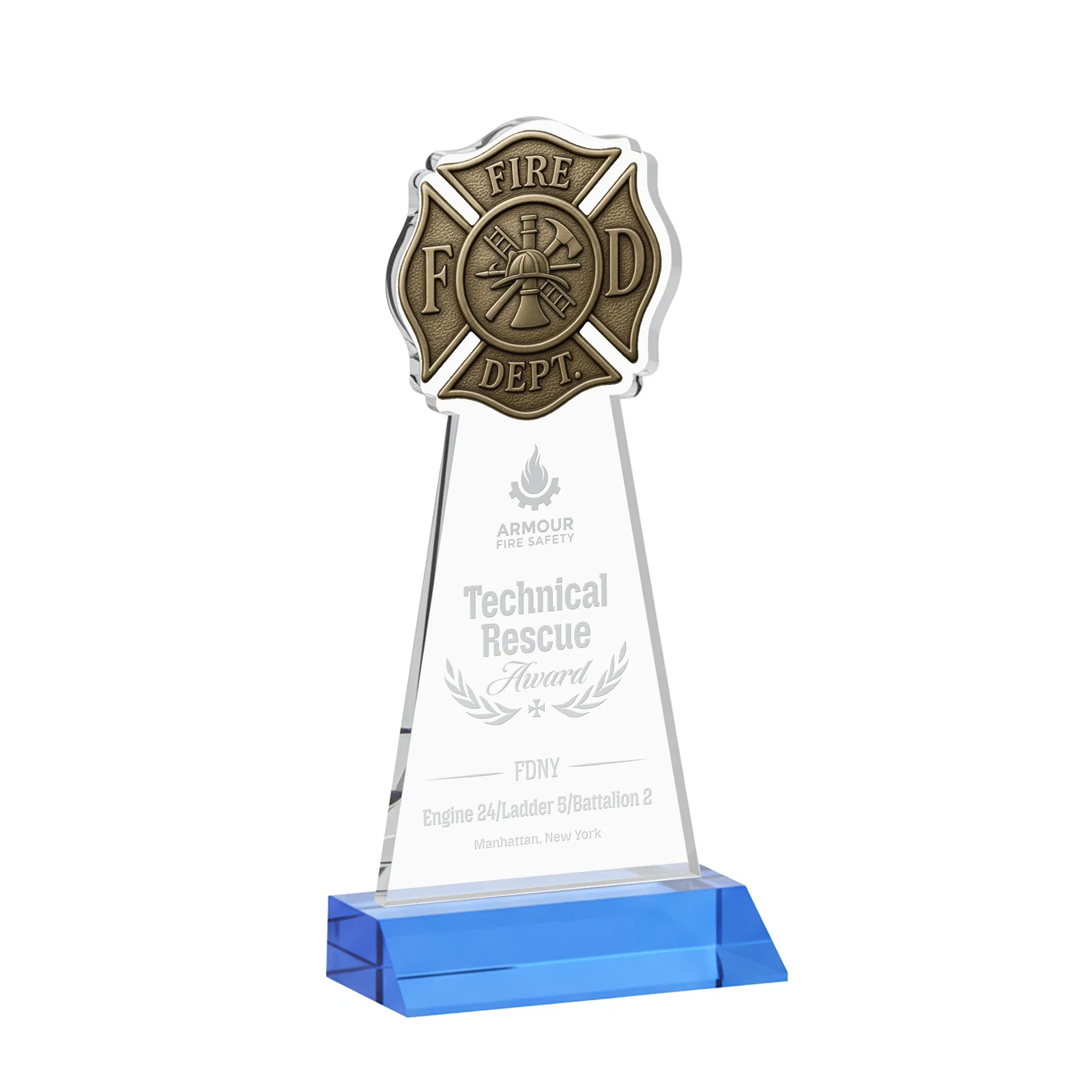 Promotional Starfire Crystal Fire Department Award on Front-Mitered Base for team milestone celebrations