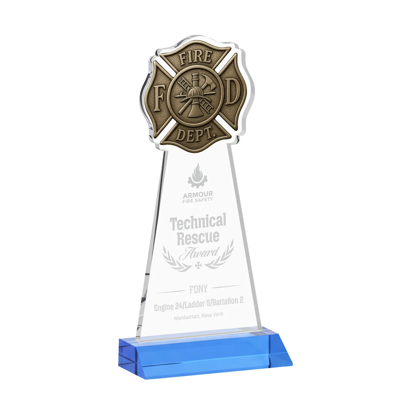 Promotional Starfire Crystal Fire Department Award on Front-Mitered Base for donor appreciation