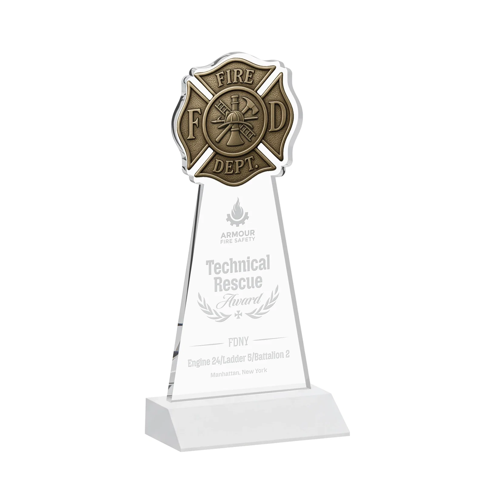 Promotional Starfire Crystal Fire Department Award on Front-Mitered Base for volunteer appreciation