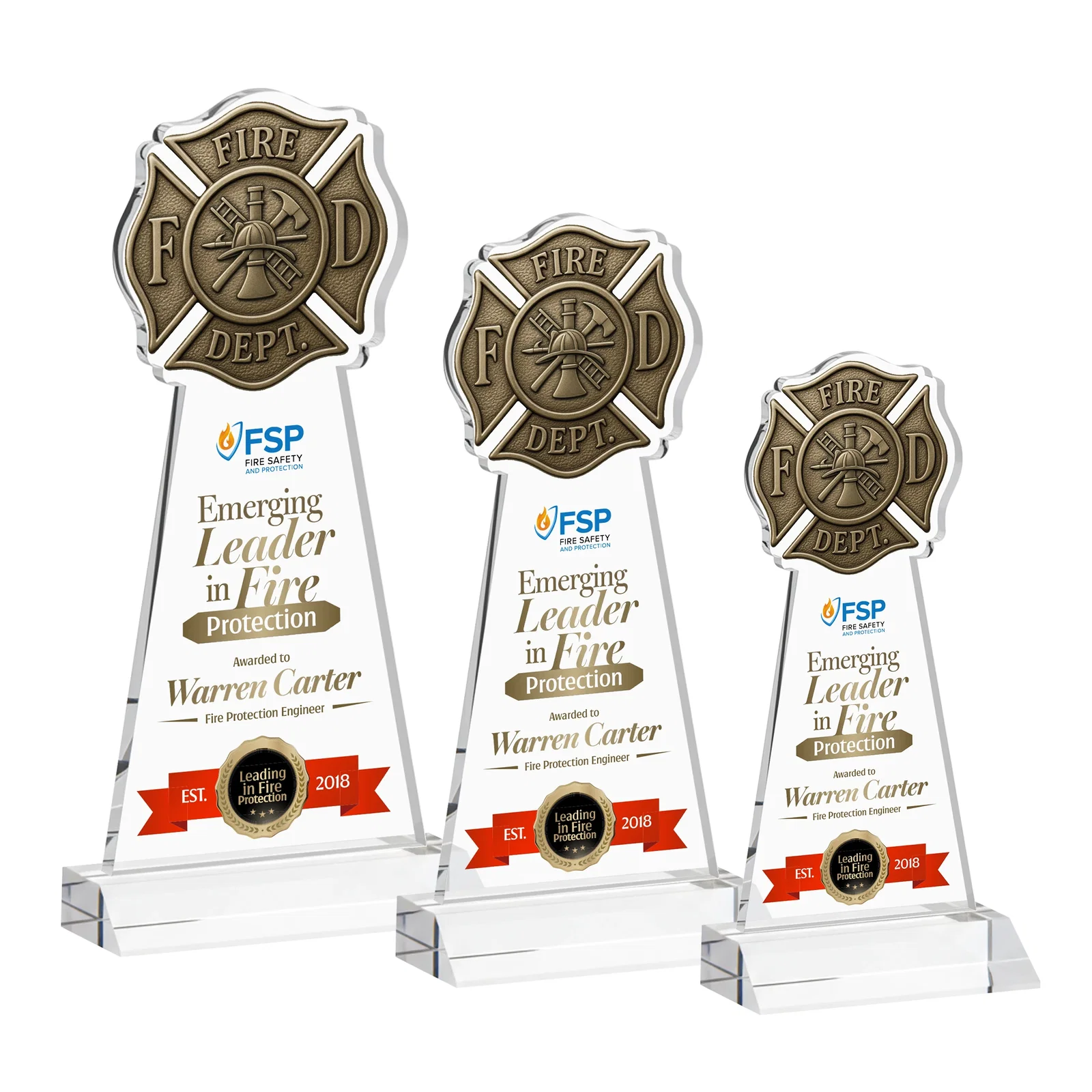 Branded Starfire Crystal Fire Department Award on Front-Mitered Base for employee recognition