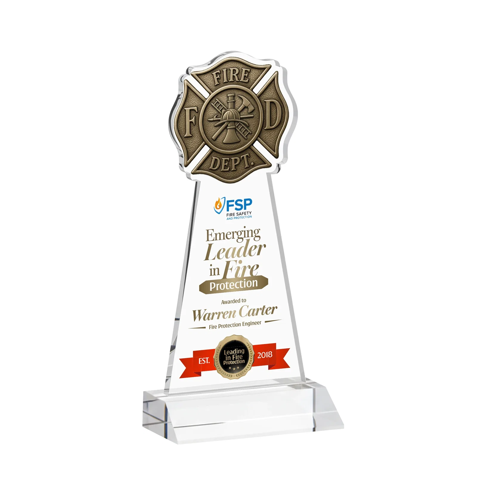 Branded Starfire Crystal Fire Department Award on Front-Mitered Base for corporate award ceremonies