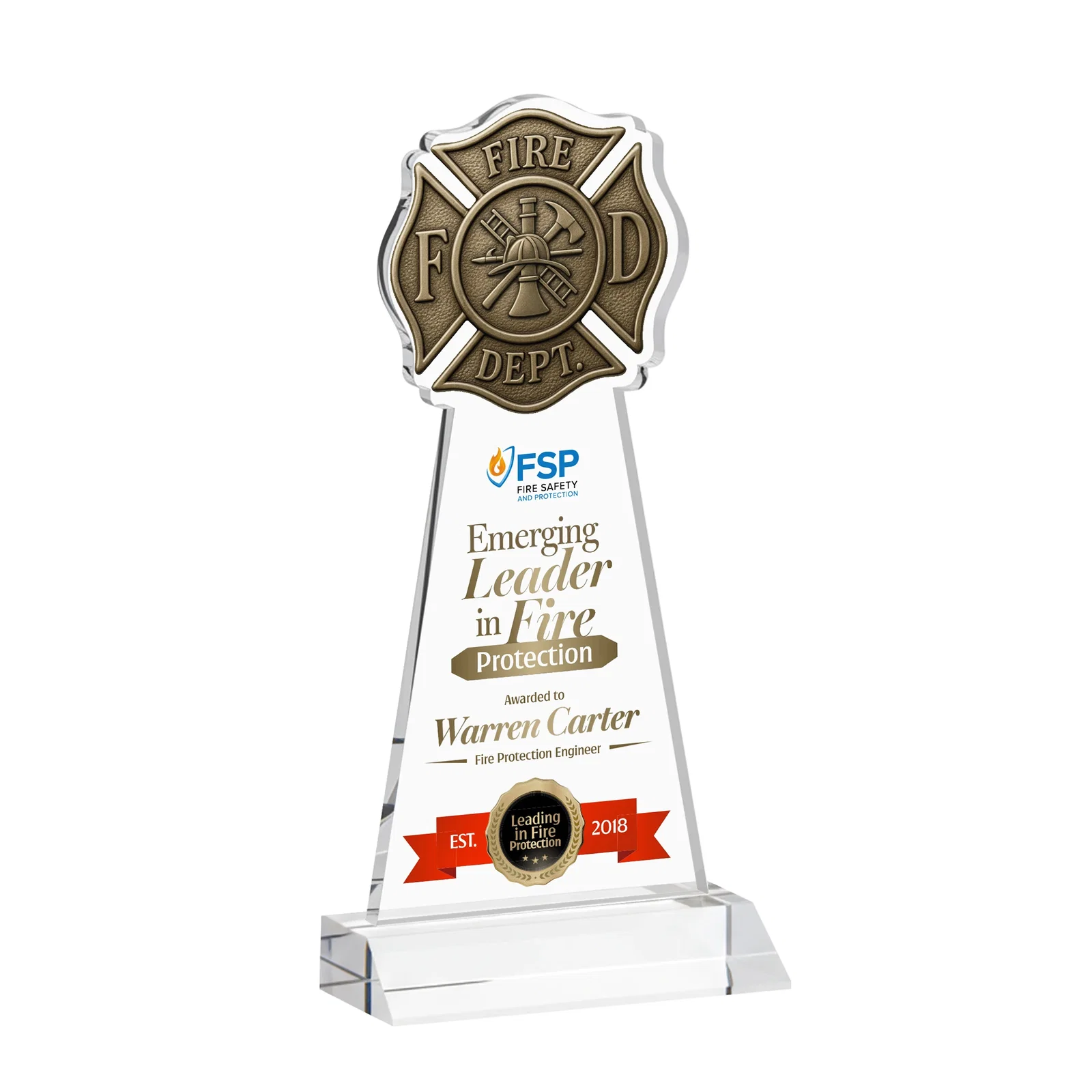 Branded Starfire Crystal Fire Department Award on Front-Mitered Base for service anniversary gifts