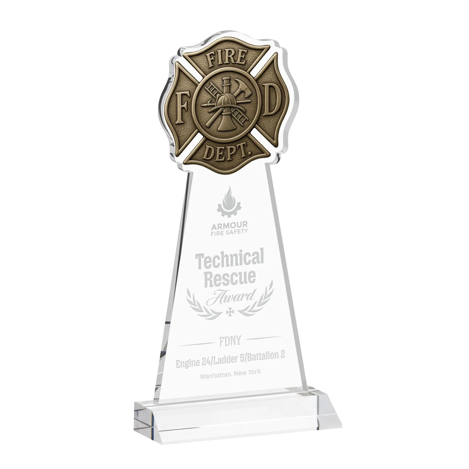 Custom Starfire Crystal Fire Department Award on Front-Mitered Base for sales achievement awards
