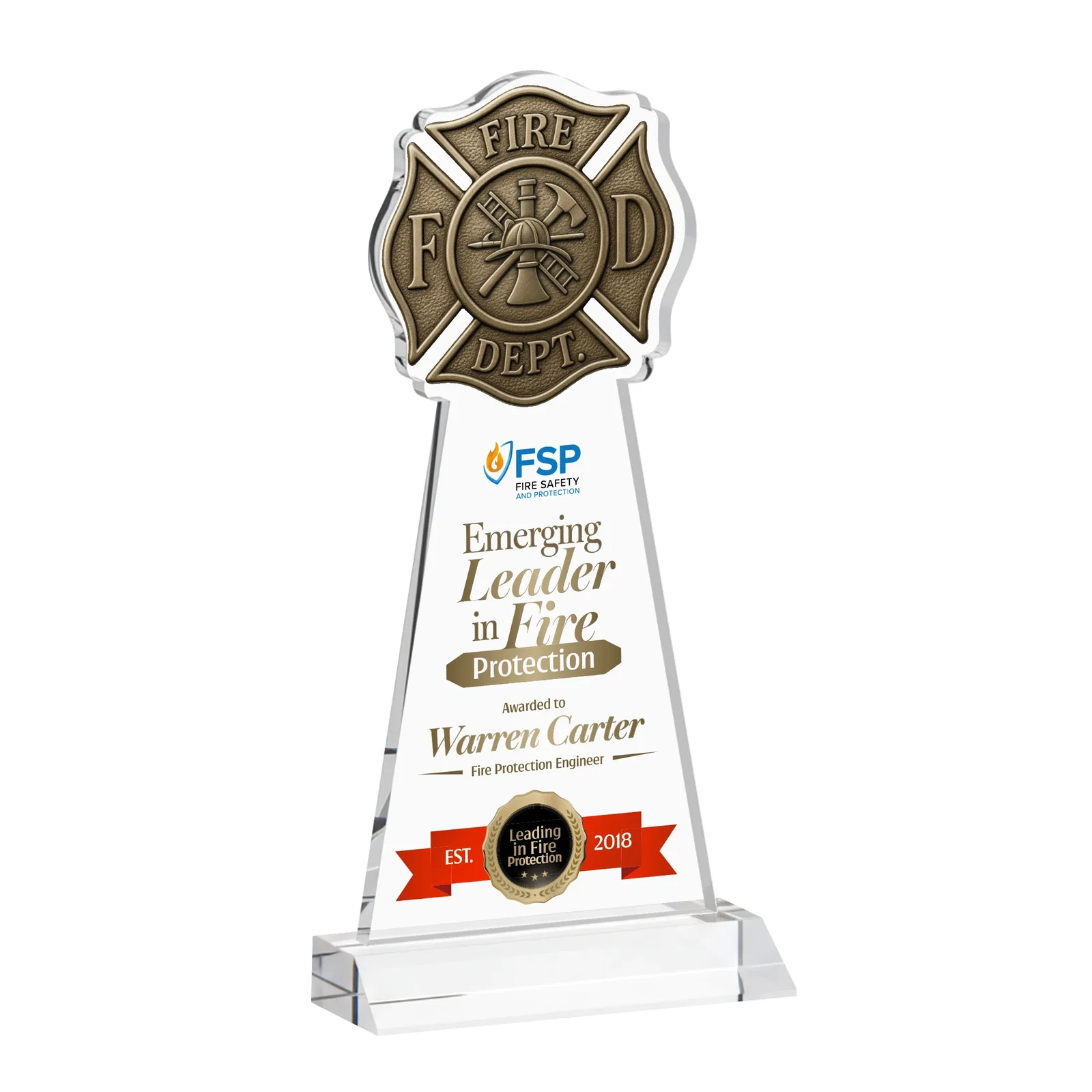 Branded Starfire Crystal Fire Department Award on Front-Mitered Base for sales achievement awards