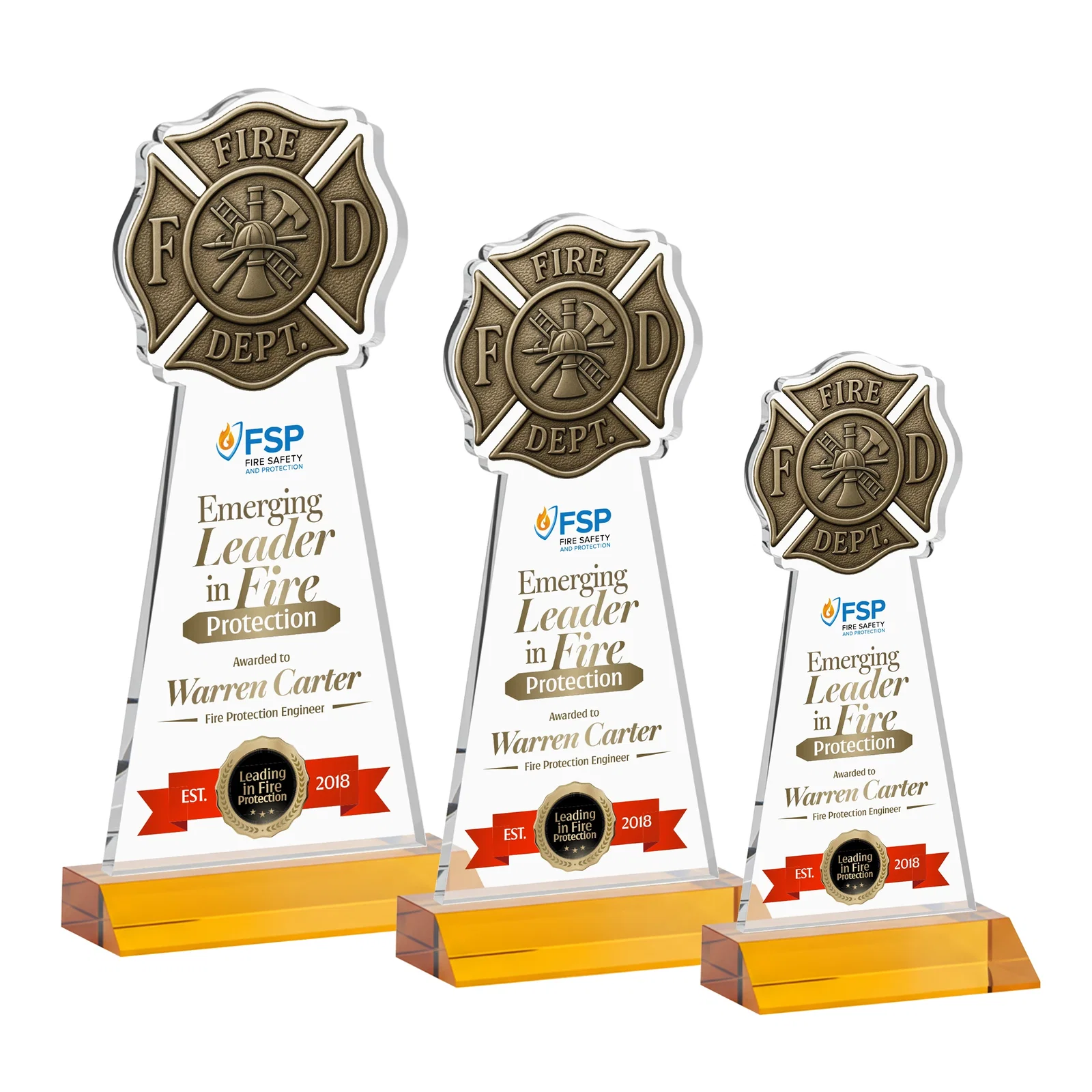 Branded Starfire Crystal Fire Department Award on Front-Mitered Base for retirement presentations
