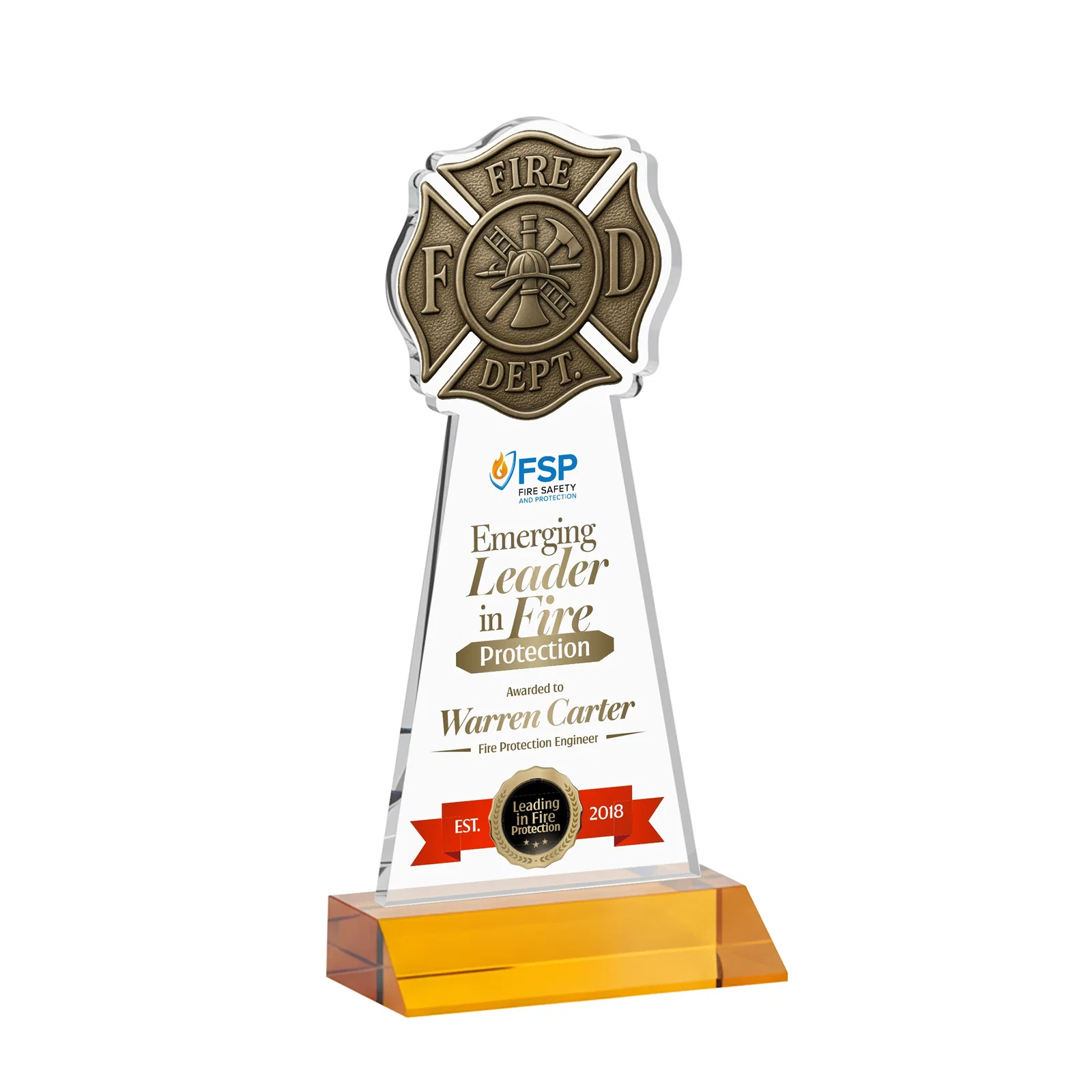 Branded Starfire Crystal Fire Department Award on Front-Mitered Base for team milestone celebrations