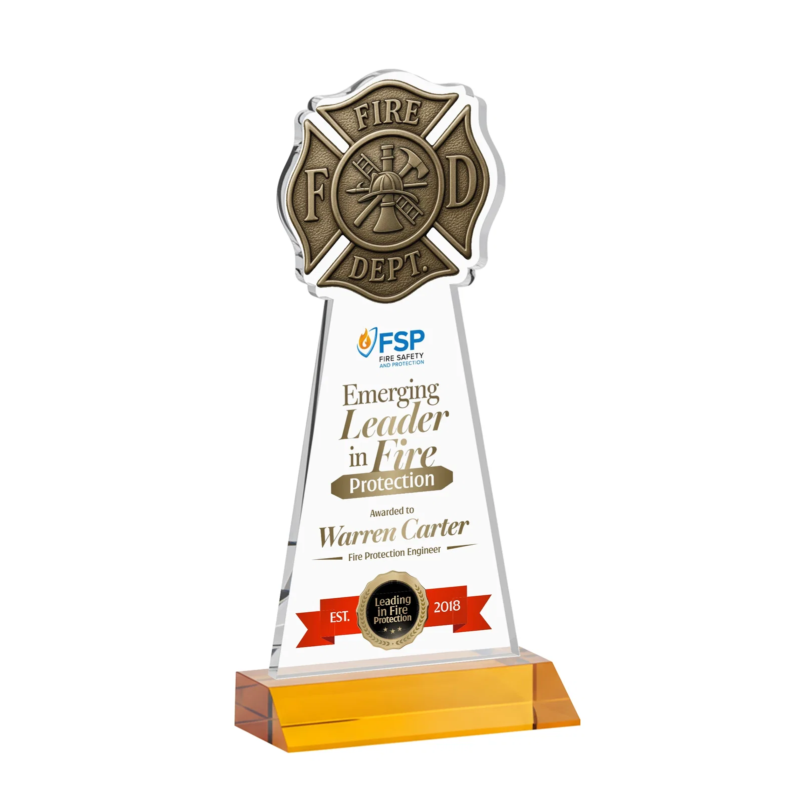 Branded Starfire Crystal Fire Department Award on Front-Mitered Base for donor appreciation