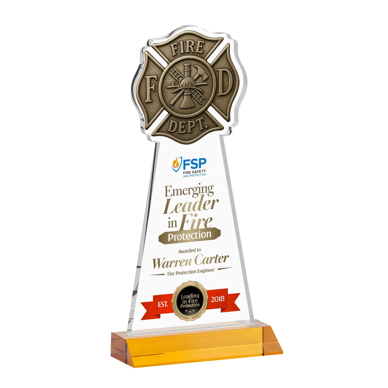 Branded Starfire Crystal Fire Department Award on Front-Mitered Base for graduation ceremonies