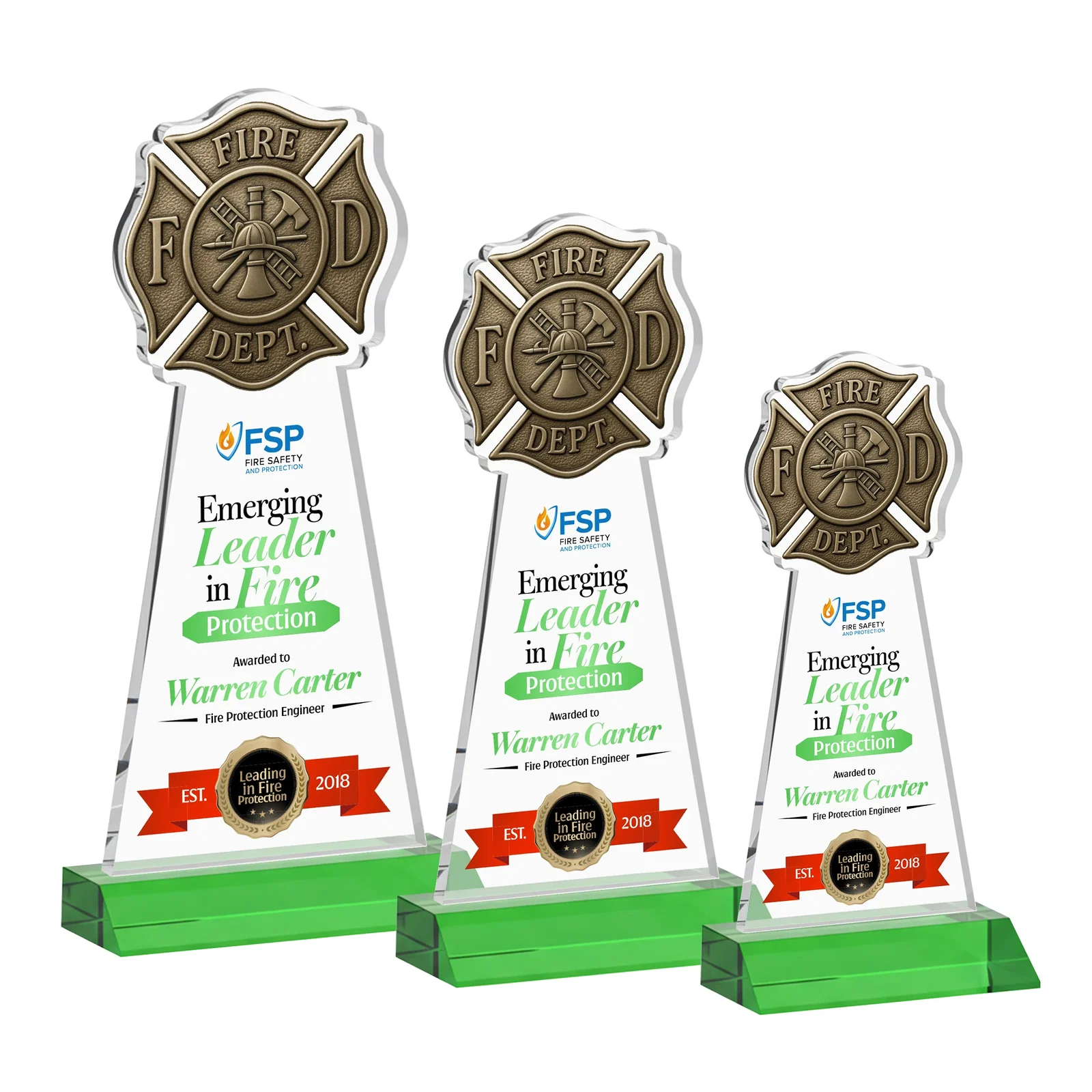 Branded Starfire Crystal Fire Department Award on Front-Mitered Base for safety achievement programs