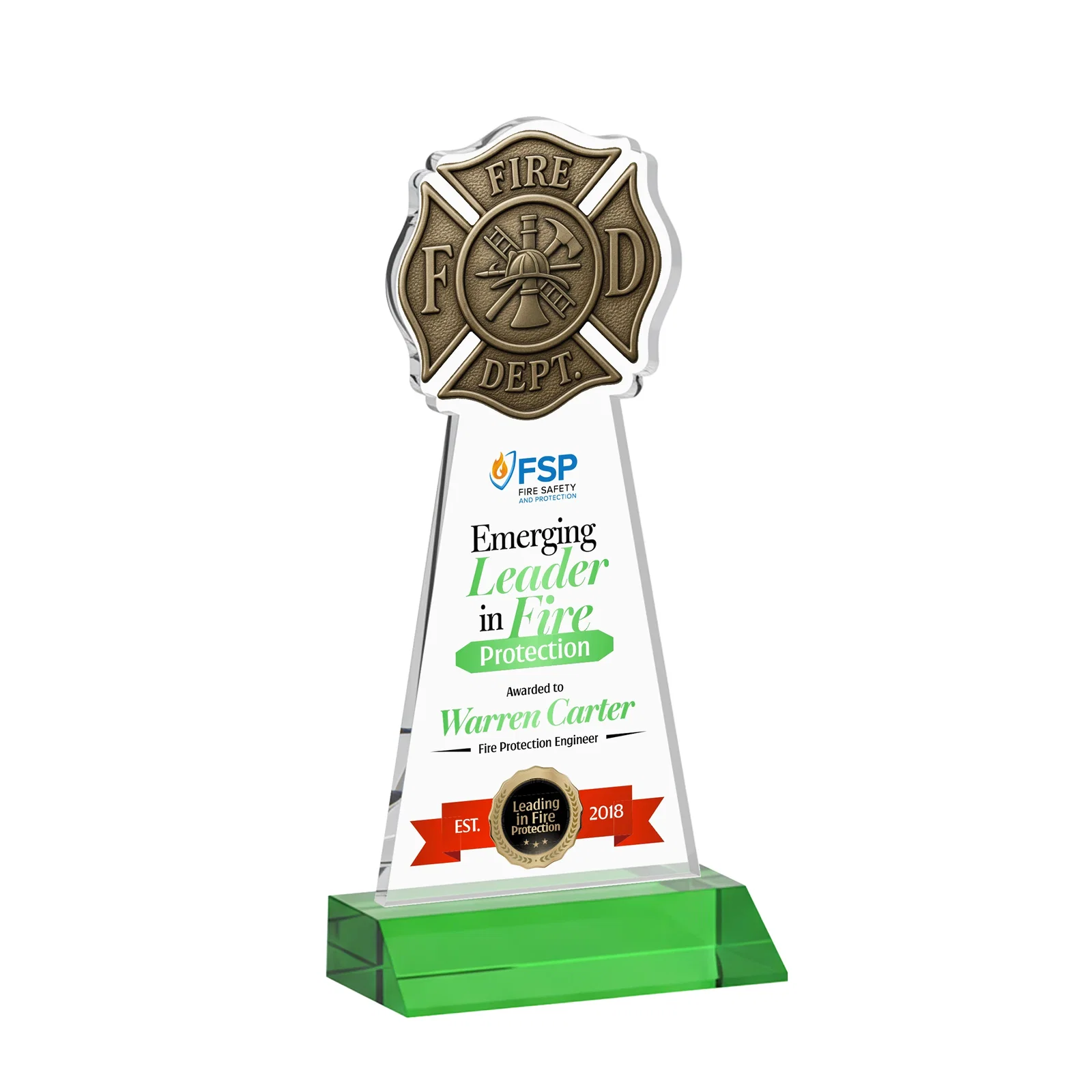 Branded Starfire Crystal Fire Department Award on Front-Mitered Base for volunteer appreciation