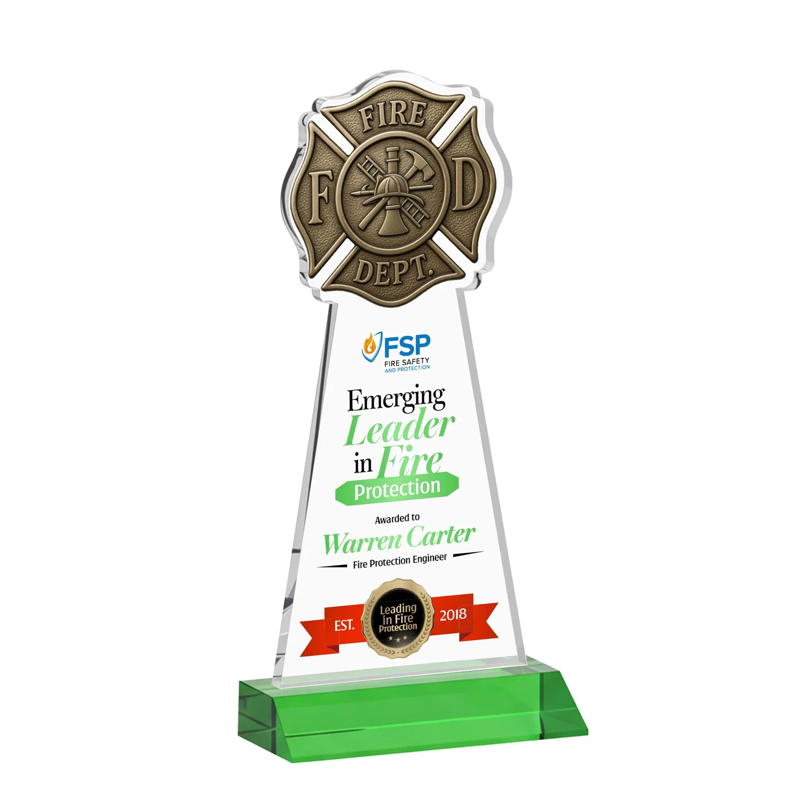Branded Starfire Crystal Fire Department Award on Front-Mitered Base for dealer and partner awards