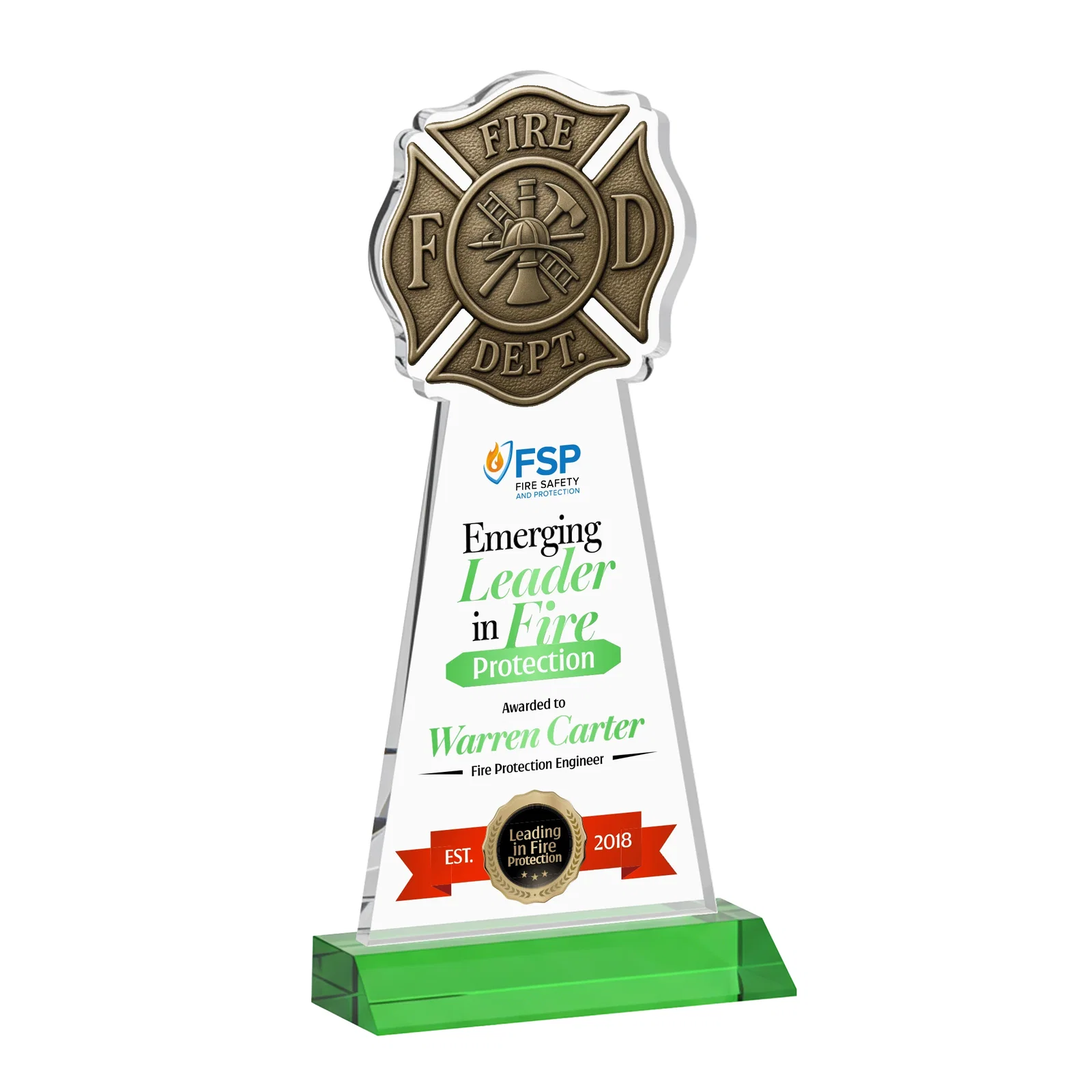 Branded Starfire Crystal Fire Department Award on Front-Mitered Base for company anniversary events