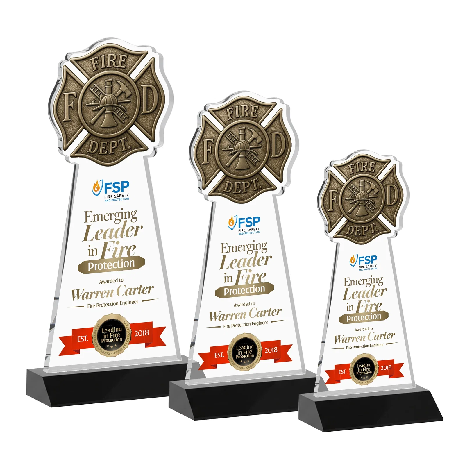 Custom printed Starfire Crystal Fire Department Award on Front-Mitered Base for employee recognition