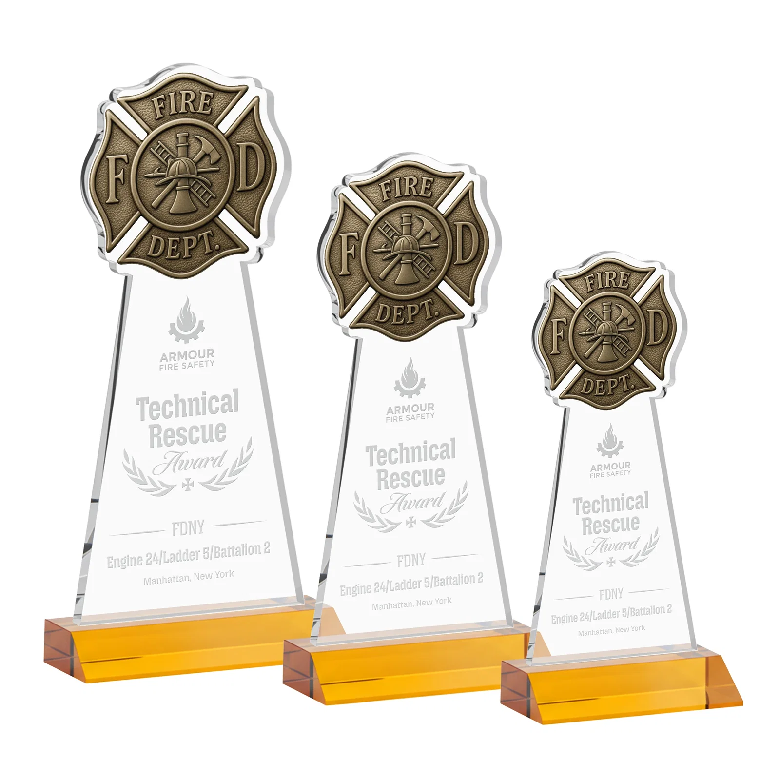Custom Starfire Crystal Fire Department Award on Front-Mitered Base for retirement presentations