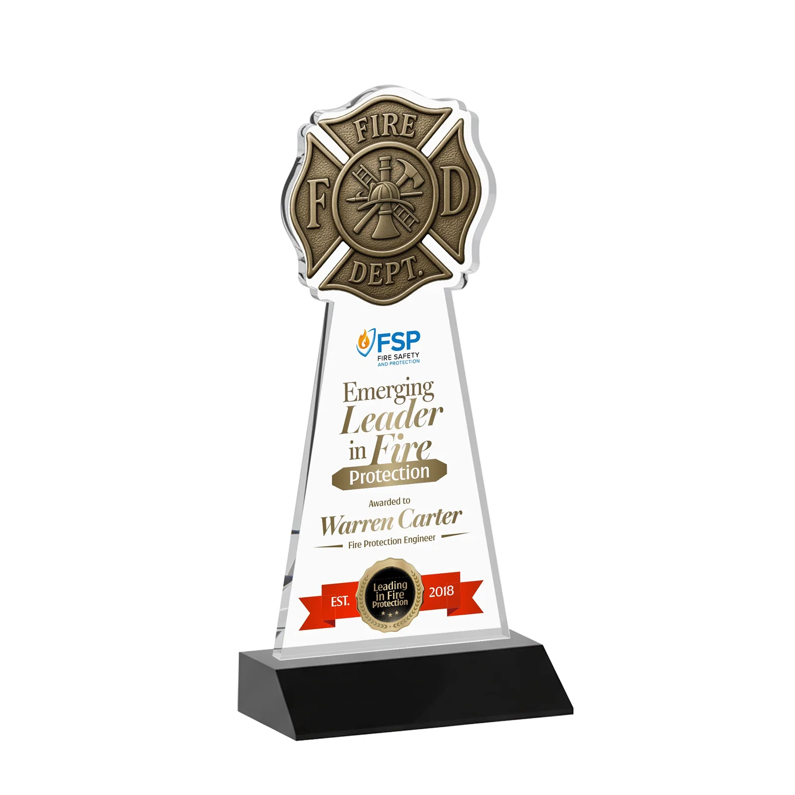 Custom printed Starfire Crystal Fire Department Award on Front-Mitered Base for corporate award ceremonies