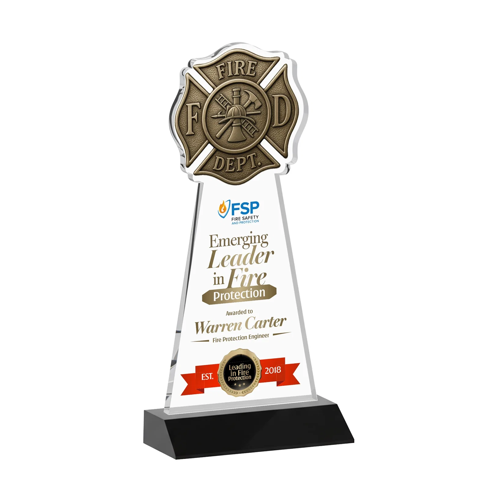Custom printed Starfire Crystal Fire Department Award on Front-Mitered Base for service anniversary gifts