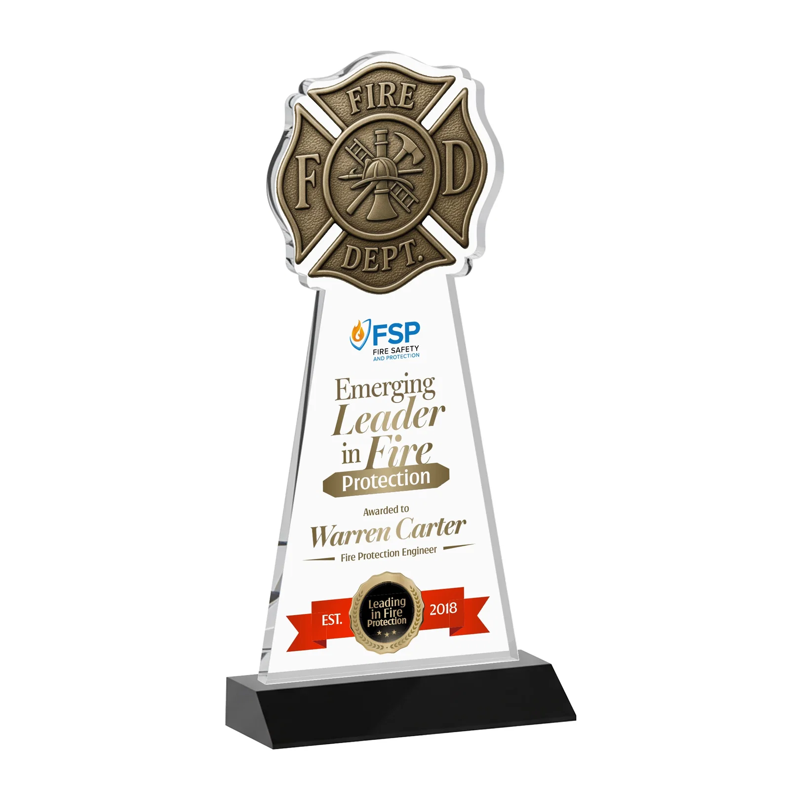 Custom printed Starfire Crystal Fire Department Award on Front-Mitered Base for sales achievement awards