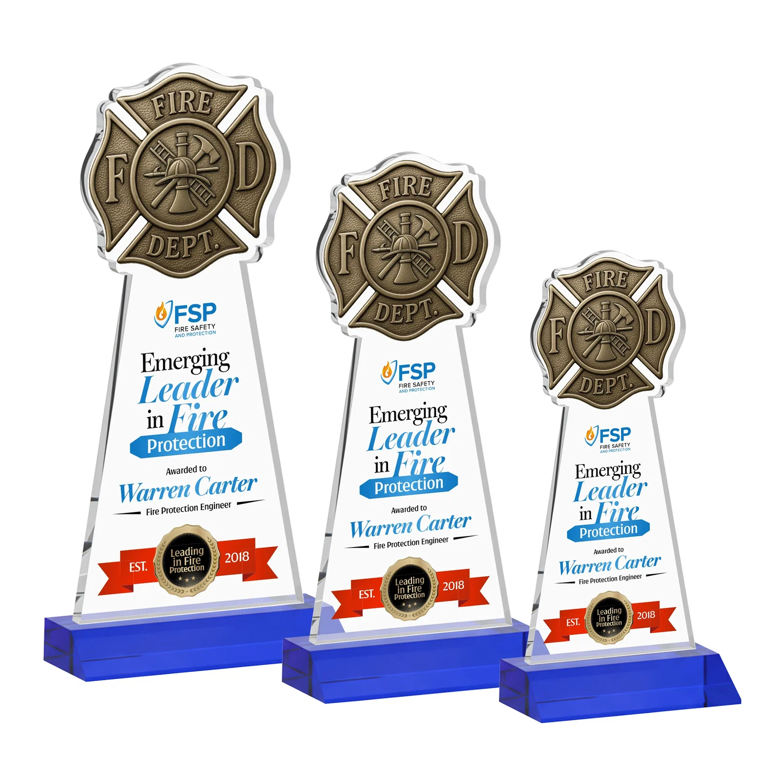 Custom printed Starfire Crystal Fire Department Award on Front-Mitered Base for retirement presentations