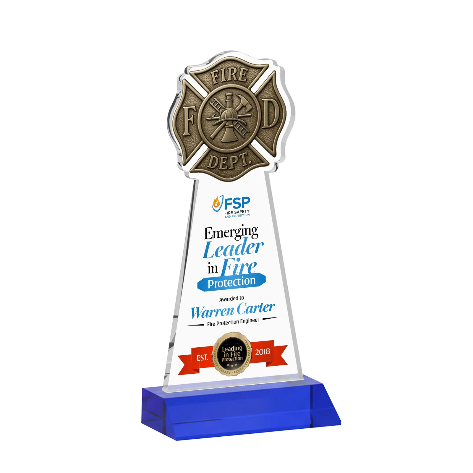 Custom printed Starfire Crystal Fire Department Award on Front-Mitered Base for team milestone celebrations