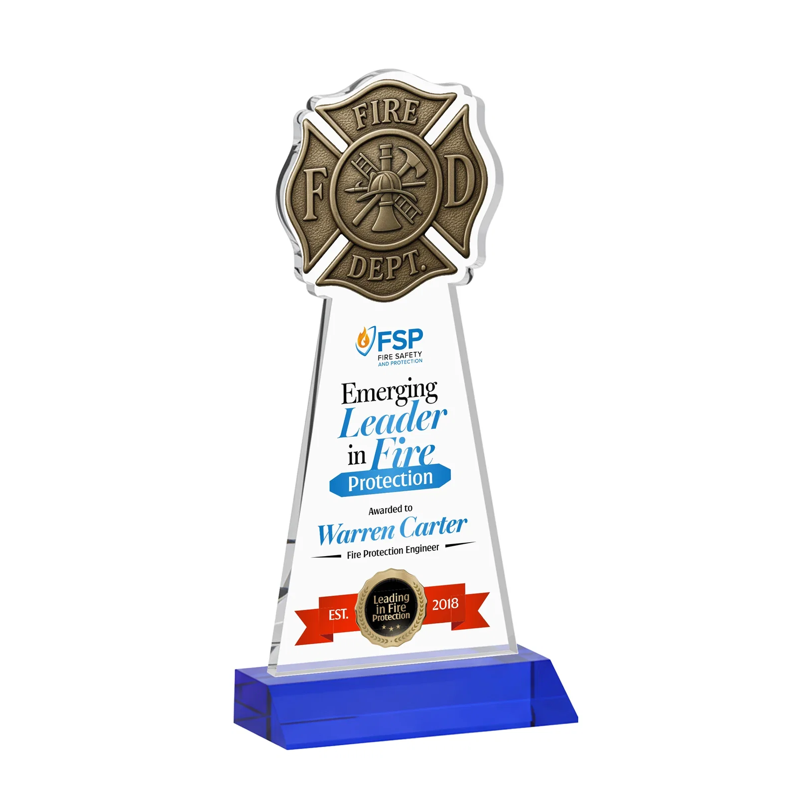 Custom printed Starfire Crystal Fire Department Award on Front-Mitered Base for donor appreciation