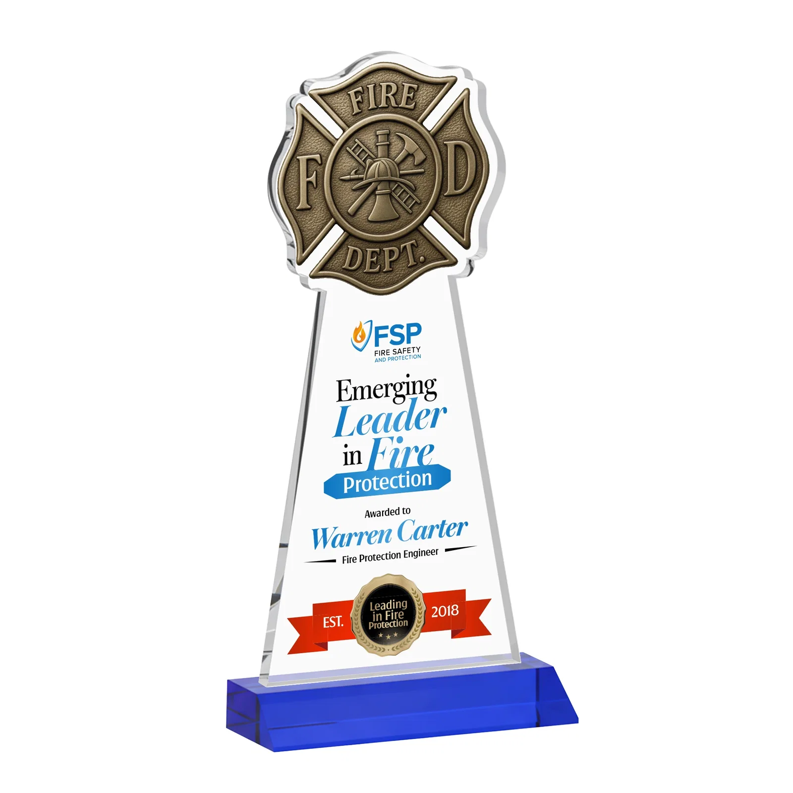 Custom printed Starfire Crystal Fire Department Award on Front-Mitered Base for graduation ceremonies