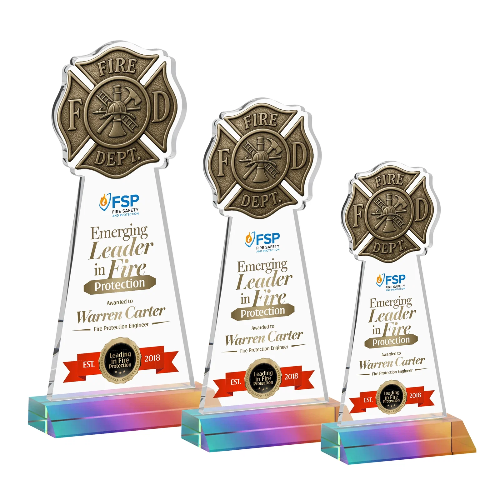 Custom printed Starfire Crystal Fire Department Award on Front-Mitered Base for safety achievement programs