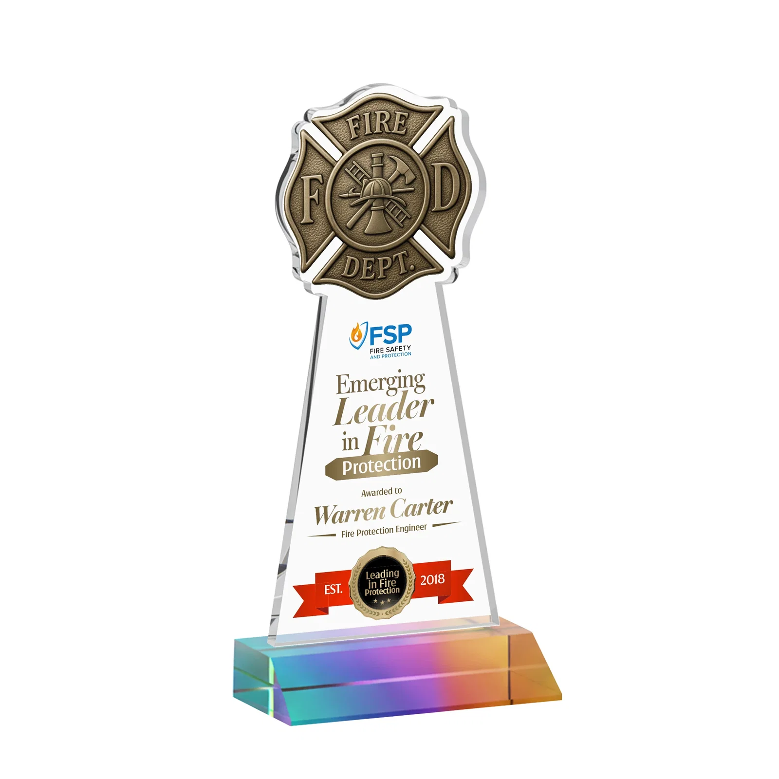 Custom printed Starfire Crystal Fire Department Award on Front-Mitered Base for volunteer appreciation