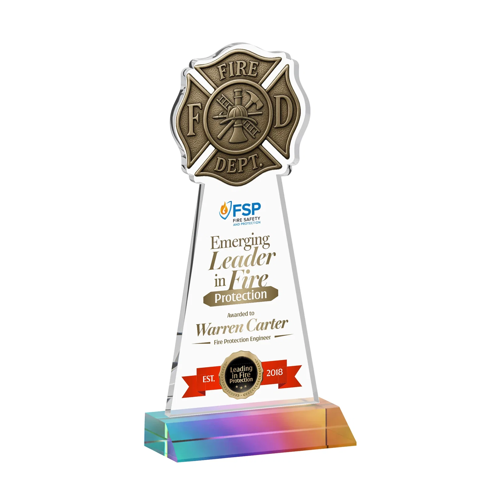 Custom printed Starfire Crystal Fire Department Award on Front-Mitered Base for dealer and partner awards