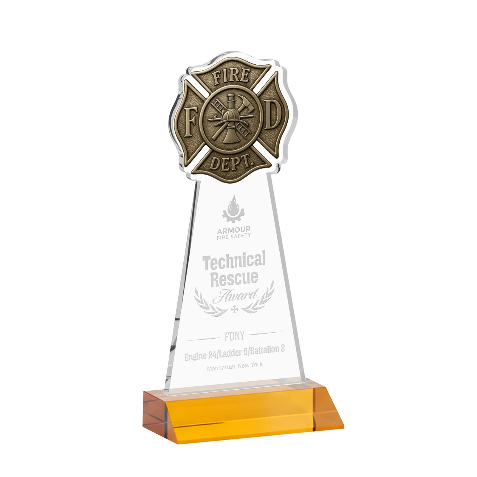 Custom Starfire Crystal Fire Department Award on Front-Mitered Base for team milestone celebrations