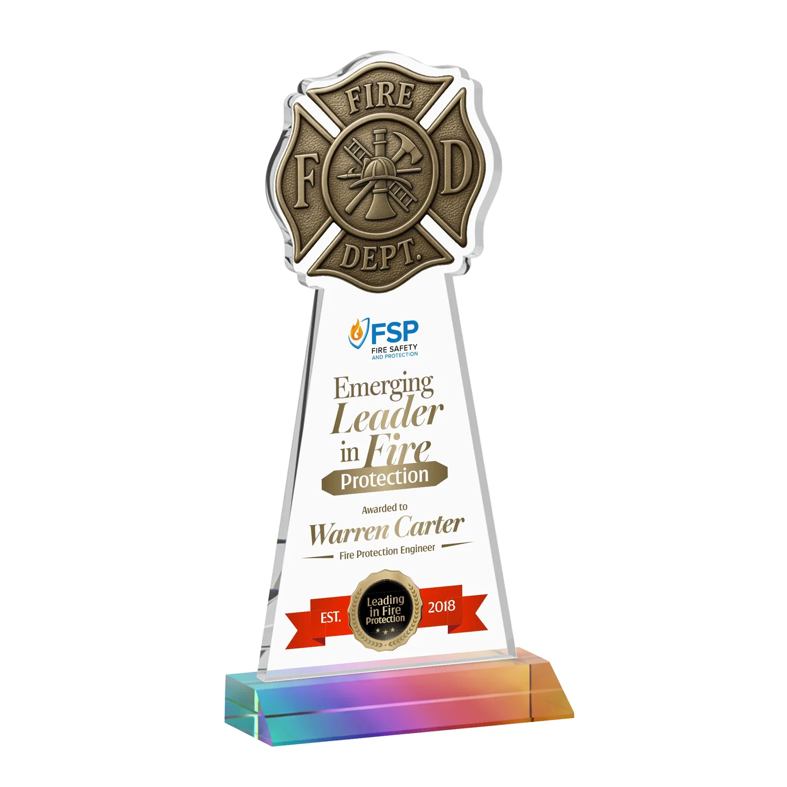 Custom printed Starfire Crystal Fire Department Award on Front-Mitered Base for company anniversary events