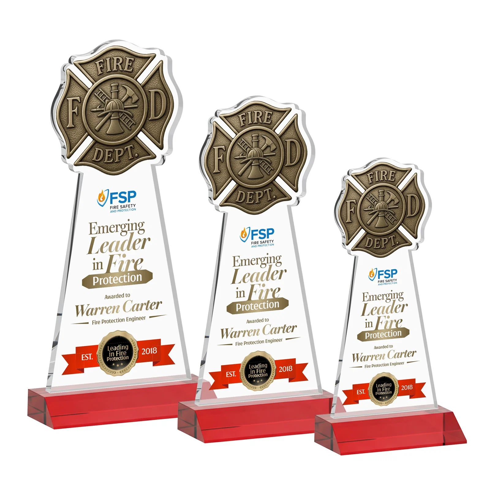 Customized Starfire Crystal Fire Department Award on Front-Mitered Base for employee recognition