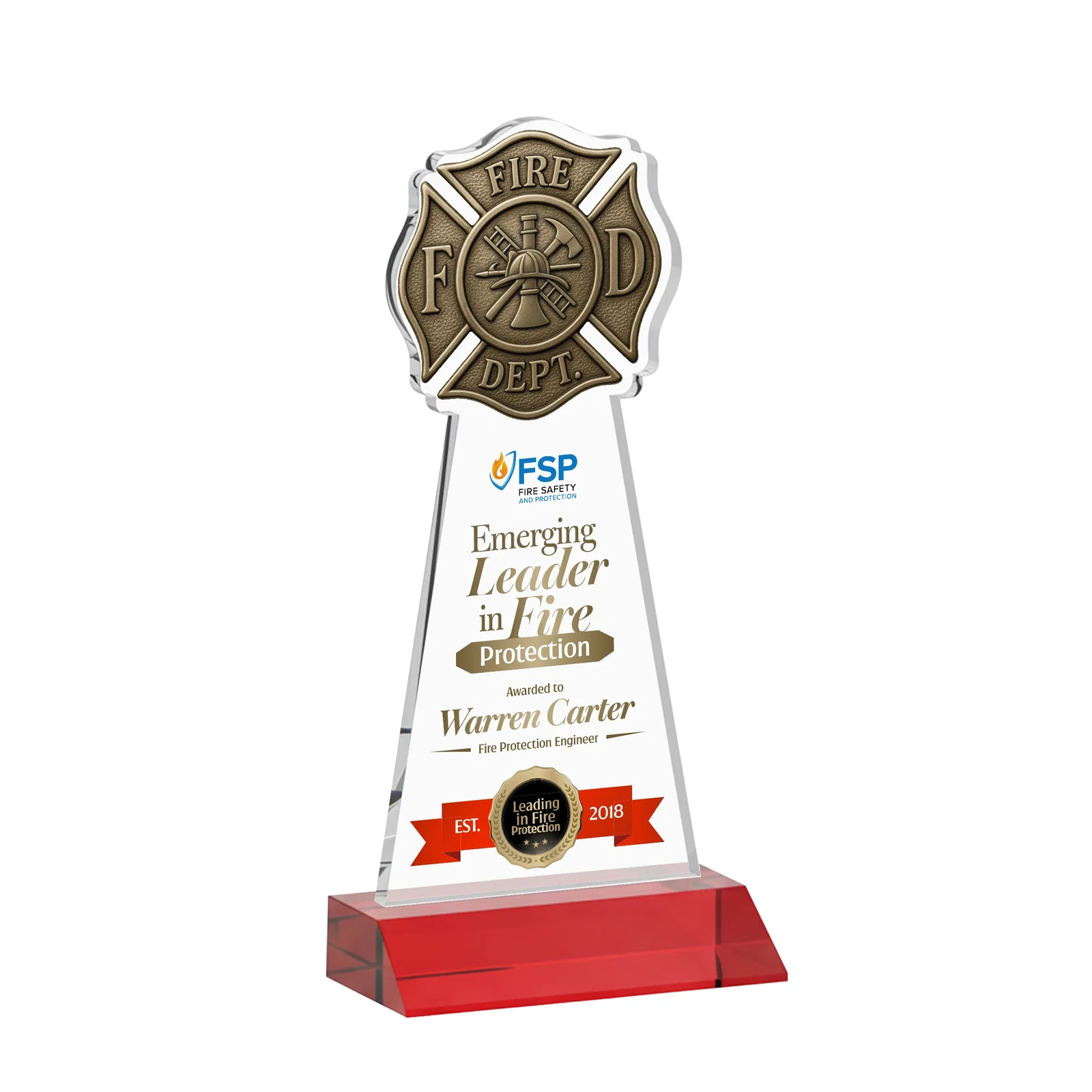 Customized Starfire Crystal Fire Department Award on Front-Mitered Base for corporate award ceremonies