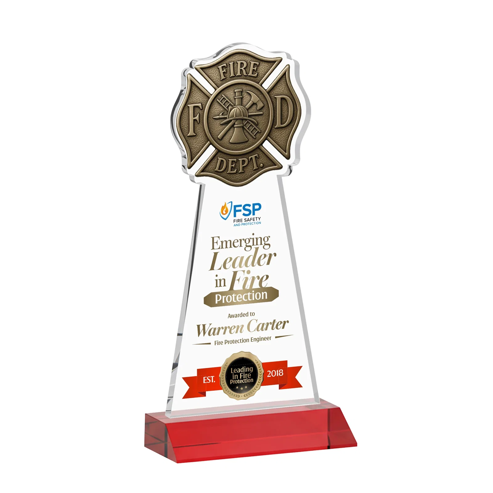 Customized Starfire Crystal Fire Department Award on Front-Mitered Base for service anniversary gifts