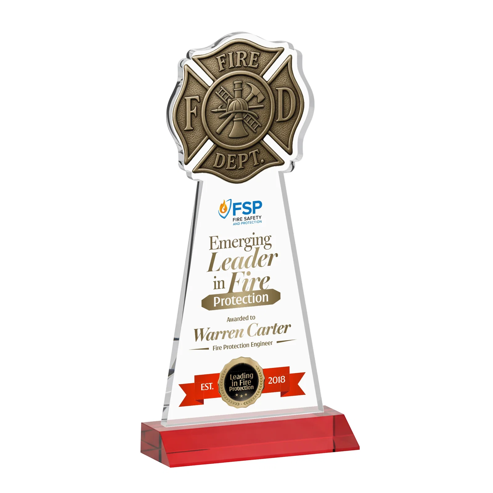 Customized Starfire Crystal Fire Department Award on Front-Mitered Base for sales achievement awards