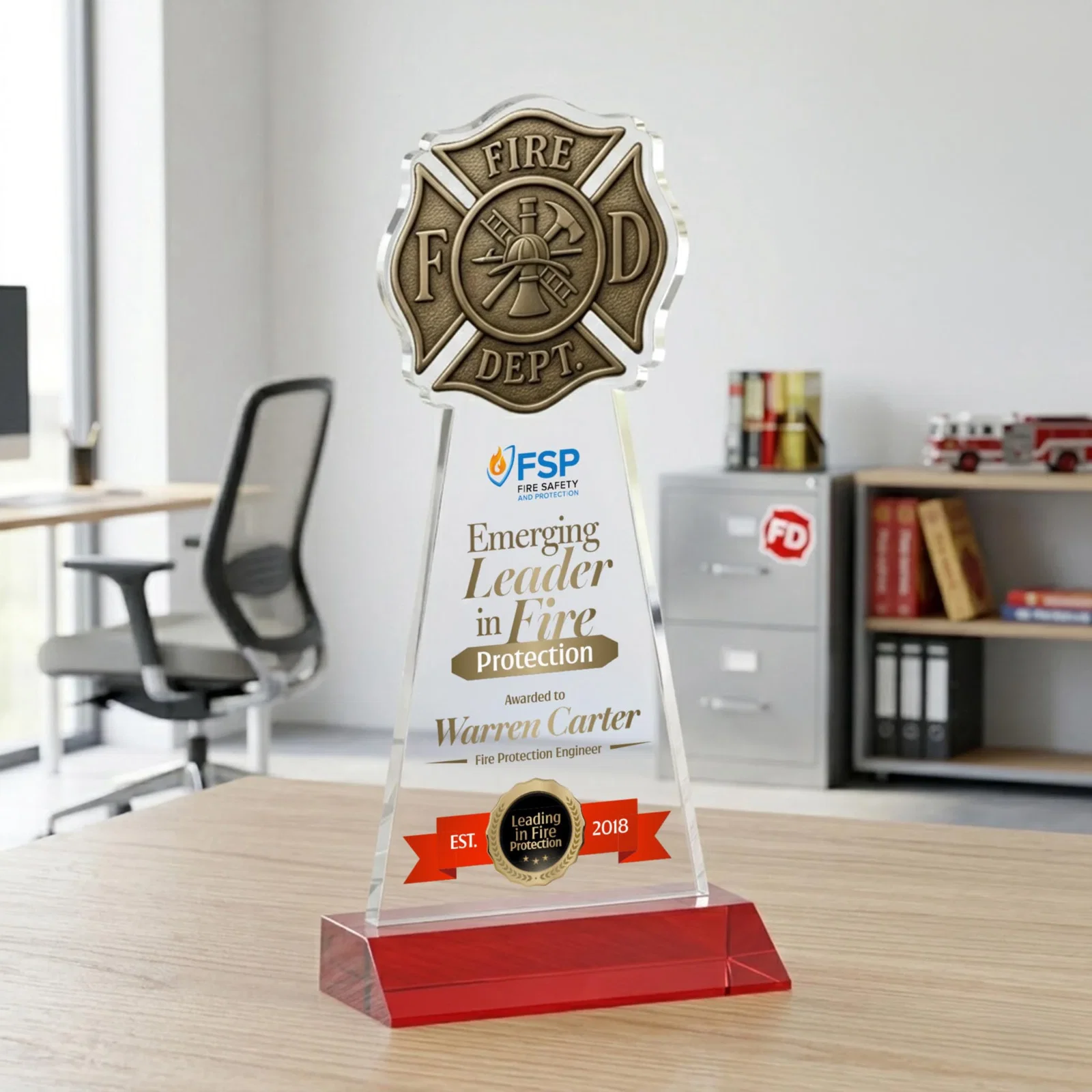Customized Starfire Crystal Fire Department Award on Front-Mitered Base for retirement presentations