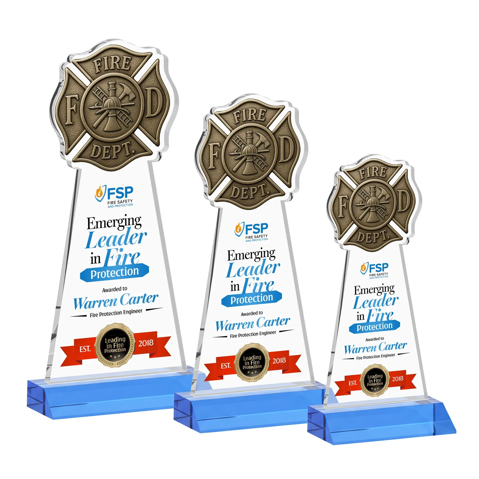 Customized Starfire Crystal Fire Department Award on Front-Mitered Base for team milestone celebrations