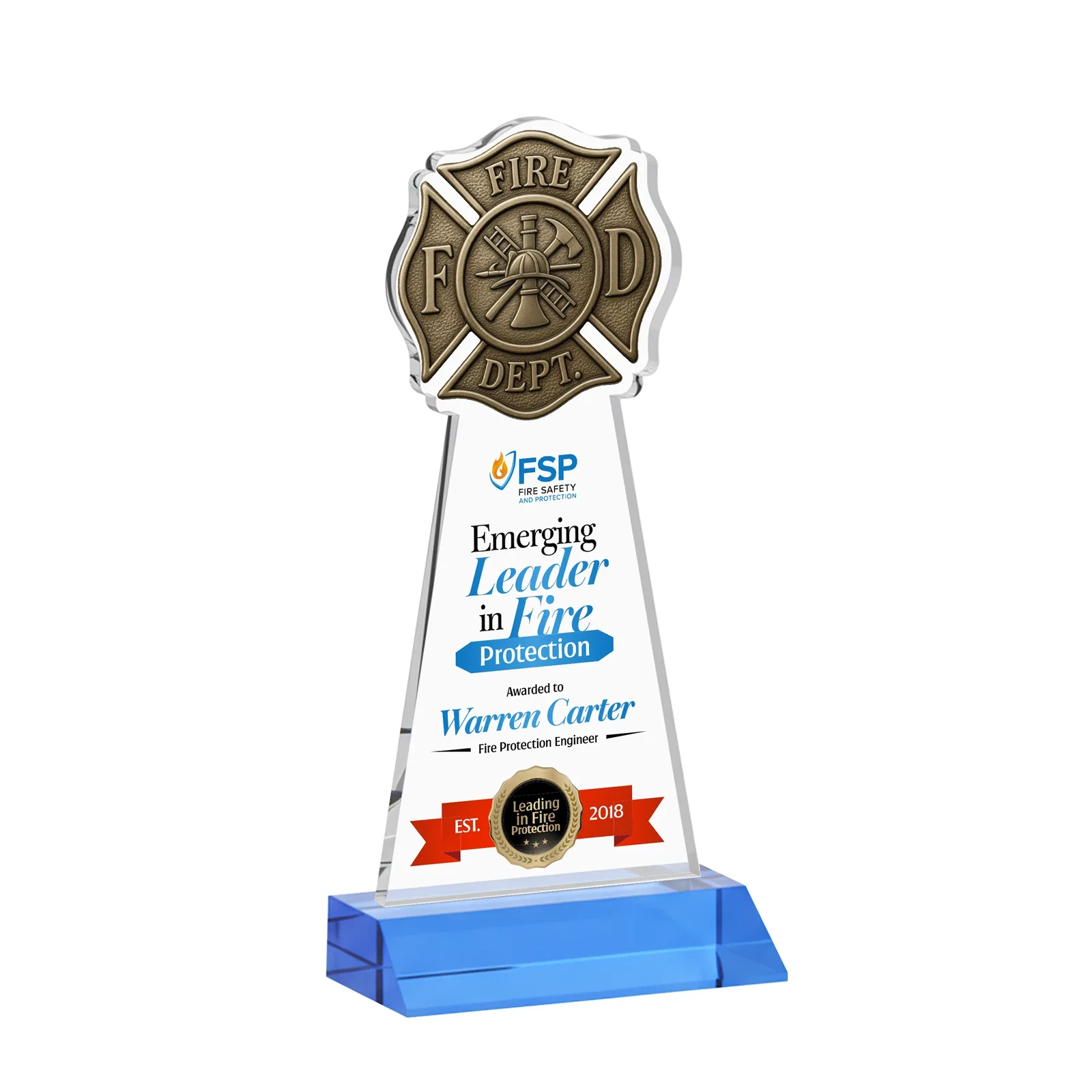 Customized Starfire Crystal Fire Department Award on Front-Mitered Base for donor appreciation