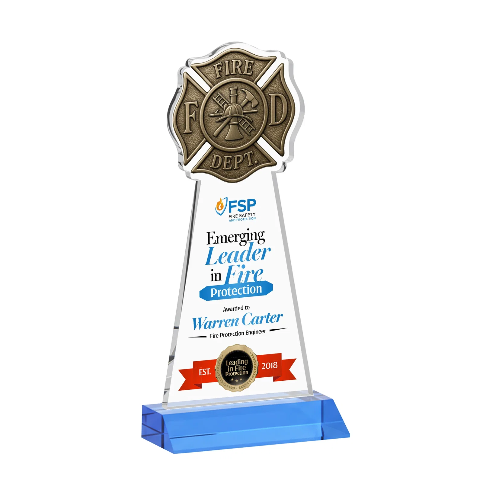 Customized Starfire Crystal Fire Department Award on Front-Mitered Base for graduation ceremonies