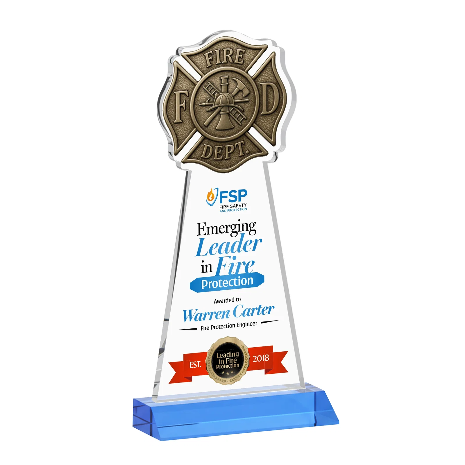 Customized Starfire Crystal Fire Department Award on Front-Mitered Base for safety achievement programs