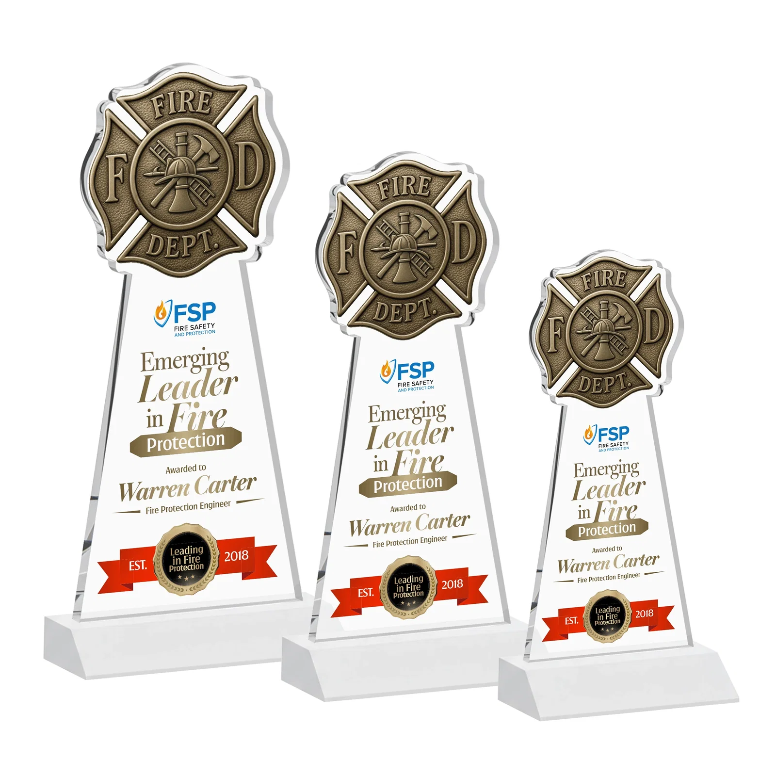 Customized Starfire Crystal Fire Department Award on Front-Mitered Base for volunteer appreciation