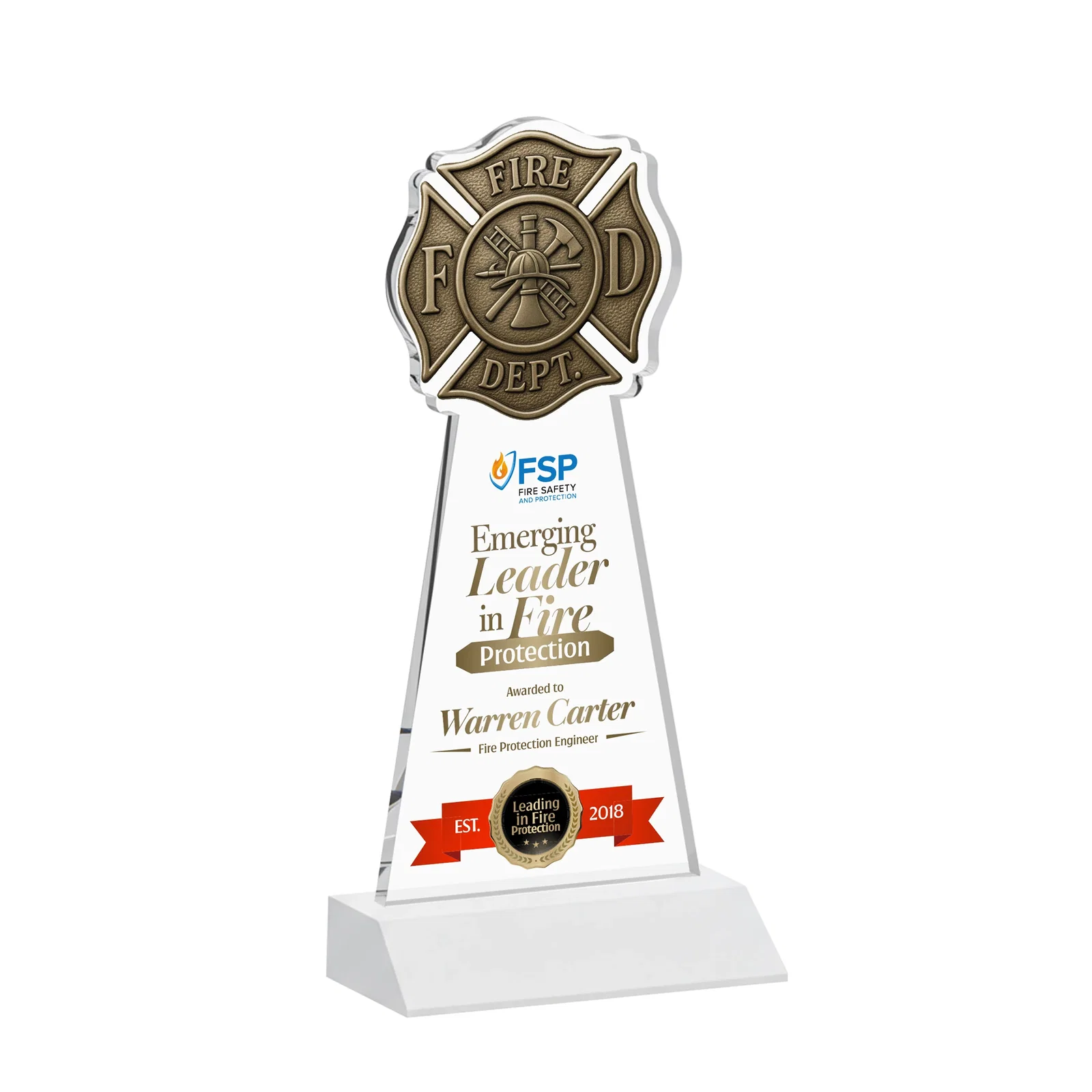 Customized Starfire Crystal Fire Department Award on Front-Mitered Base for dealer and partner awards