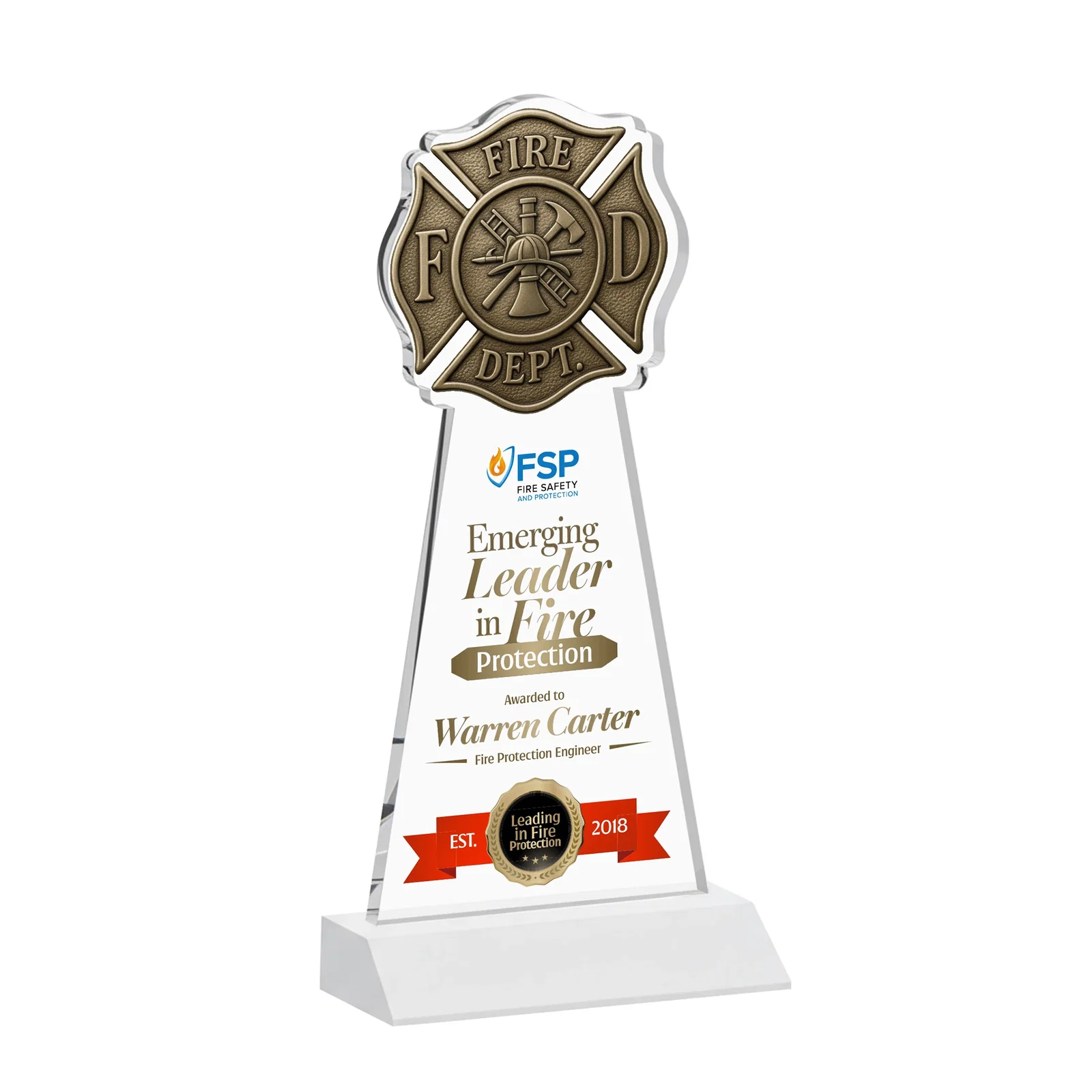 Customized Starfire Crystal Fire Department Award on Front-Mitered Base for company anniversary events