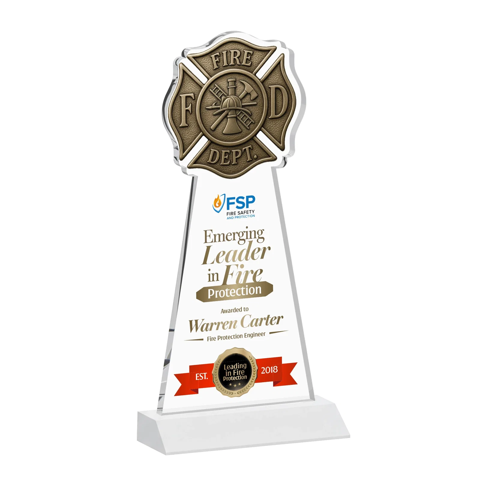 Custom engraved Starfire Crystal Fire Department Award on Front-Mitered Base for employee recognition